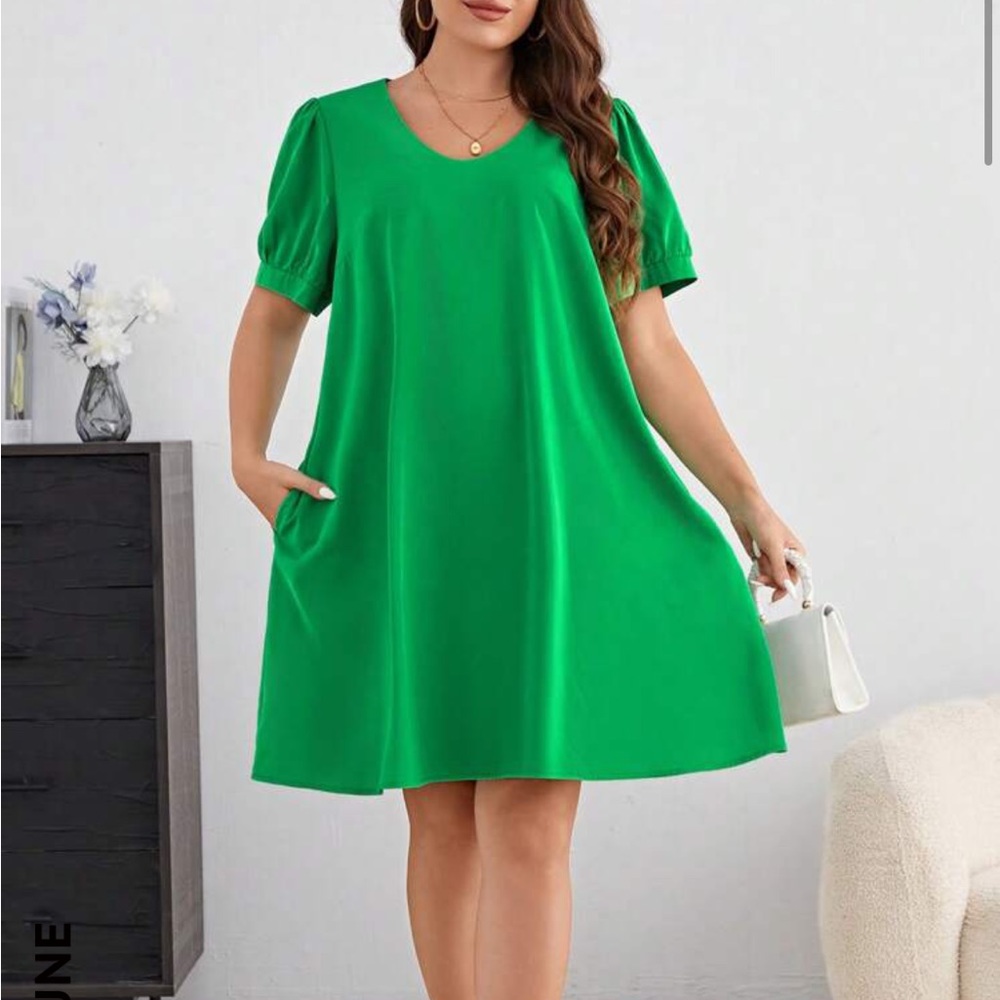 BRAND NEW NEVER USED Plus solid Puff Sleeve Hidden Pocket Dress